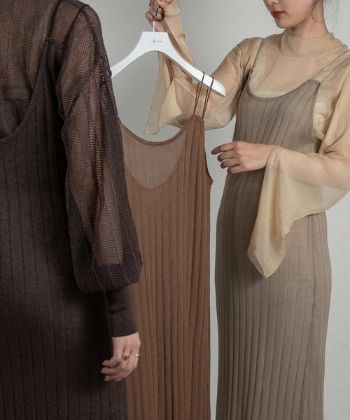 Amiur（エミレ）の「lame rib knit sheer ops（ワンピース・レディース・ベージュ/ブラウン/ダークブラウン・FREE）」の4枚目の写真
