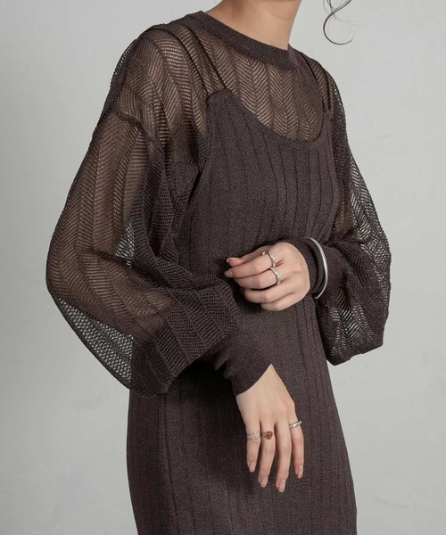 Amiur（エミレ）の「lame rib knit sheer ops（ワンピース・レディース・ベージュ/ブラウン/ダークブラウン・FREE）」の6枚目の写真