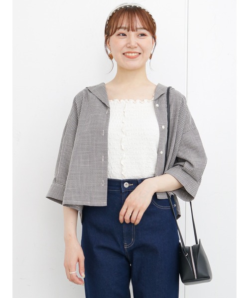 ehka sopo（エヘカソポ）の「ギンガムチェック開襟シャツ(セットアップ可)（シャツ/ブラウス・レディース・ブラック/ネイビー/グリーン/キナリ・ﾌﾘ-）」の2枚目の写真