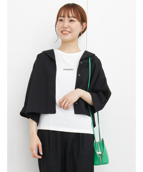 ehka sopo（エヘカソポ）の「ギンガムチェック開襟シャツ(セットアップ可)（シャツ/ブラウス・レディース・ブラック/ネイビー/グリーン/キナリ・ﾌﾘ-）」の3枚目の写真