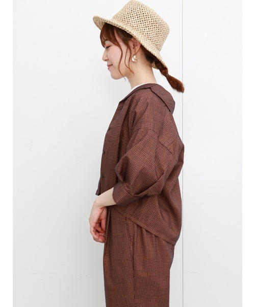 ehka sopo（エヘカソポ）の「ギンガムチェック開襟シャツ(セットアップ可)（シャツ/ブラウス・レディース・ブラック/ネイビー/グリーン/キナリ・ﾌﾘ-）」の10枚目の写真