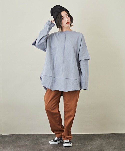 CUBE SUGAR（キューブシュガー）の「WEB限定無地スウェットレイヤード風長袖チュニック（チュニック・レディース・サックスブルー/ナチュラル/チャコールグレー/ピンク・M）」の14枚目の写真