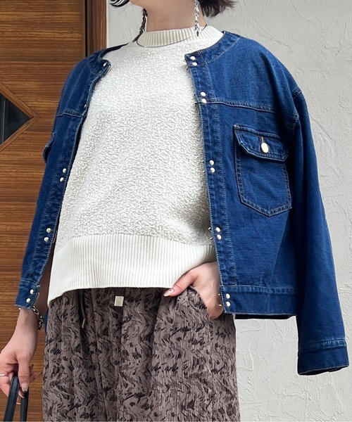Chez toi（シェトワ）の「ゴールドフックノーカラーGジャン（デニムジャケット・レディース・カーキ/インディゴブルー/ブルー/アイボリー・FREE）」の3枚目の写真