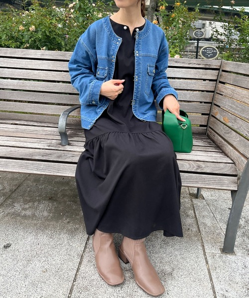 Chez toi（シェトワ）の「ゴールドフックノーカラーGジャン（デニムジャケット・レディース・カーキ/インディゴブルー/ブルー/アイボリー・FREE）」の10枚目の写真
