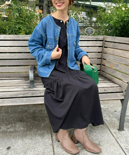 Chez toi（シェトワ）の「ゴールドフックノーカラーGジャン（デニムジャケット・レディース・カーキ/インディゴブルー/ブルー/アイボリー・FREE）」の15枚目の写真