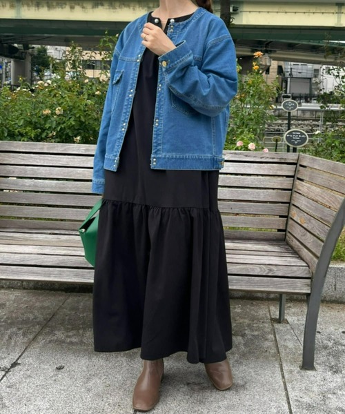 Chez toi（シェトワ）の「ゴールドフックノーカラーGジャン（デニムジャケット・レディース・カーキ/インディゴブルー/ブルー/アイボリー・FREE）」の13枚目の写真