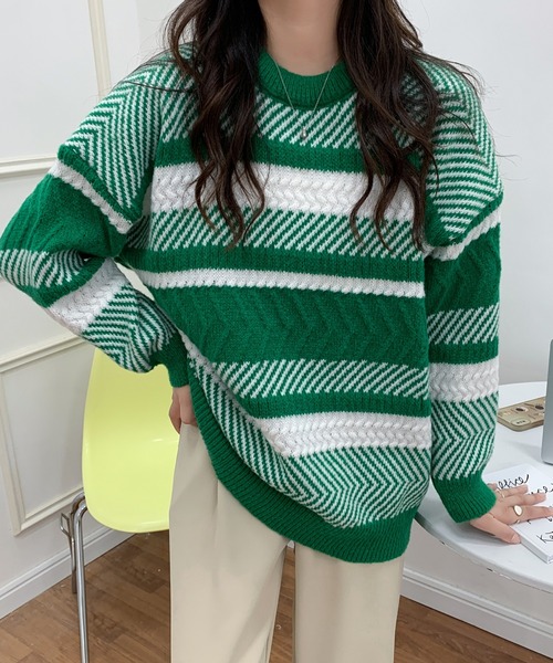 ABITOKYO(アビトーキョー)の「マルチボーダーニットプルオーバー(ニット/セーター・レディース・グリーン/ブラック/ベージュ・FREE)」の1枚目の写真