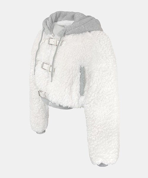 Cozy&Kitsch（コージーアンドキッチ）の「Cozy＆Kitsch フードレイヤードバックルクロップフリースジャケット（ムートンコート・レディース・アイボリー/ブラック・FREE）」の6枚目の写真