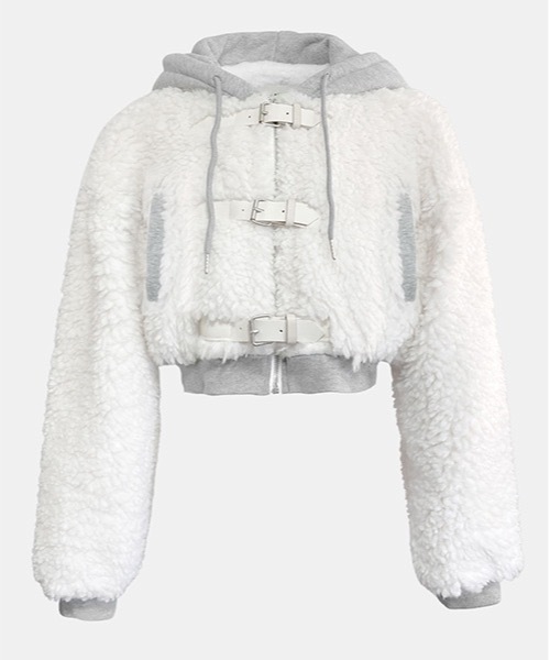 Cozy&Kitsch（コージーアンドキッチ）の「Cozy＆Kitsch フードレイヤードバックルクロップフリースジャケット（ムートンコート・レディース・アイボリー/ブラック・FREE）」の5枚目の写真