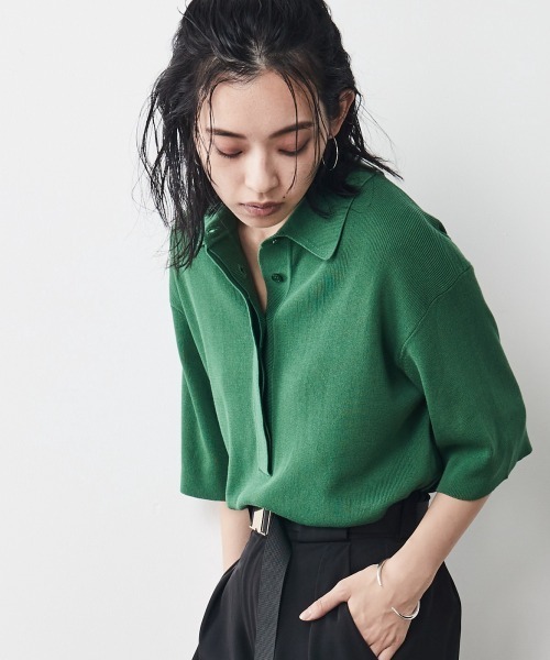 CHIC STYLE（シックスタイル）の「＜大きいサイズ＞ポロニットプルオーバー シックスタイル（ニット/セーター・レディース・グリーン/ブラック・5L/4L/L/3L/LL）」の2枚目の写真