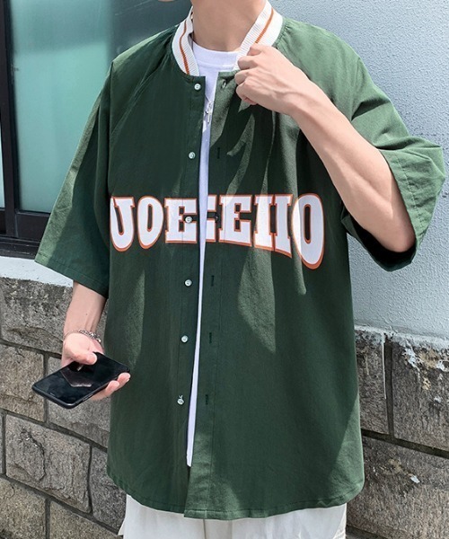 NO WAY(ノーウェイ)の「ルーズシルエット半袖スタジャン風シャツ(シャツ/ブラウス・メンズ・ネイビー/ホワイト/グリーン・LARGE/MEDIUM/X-LARGE)」の1枚目の写真