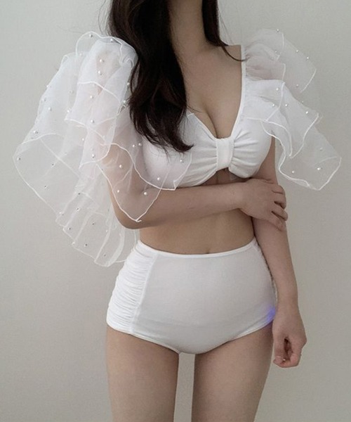 Jasmine Grandiflorum（ジャスミングランディフローラム）の「ビーズフリルスリーブスイムウェア (SS)（水着・レディース・グレー/ホワイト・MEDIUM/LARGE/X-LARGE）」の7枚目の写真