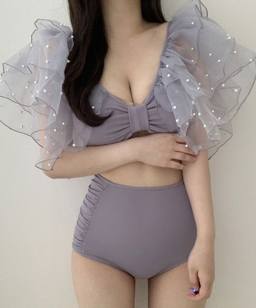 Jasmine Grandiflorum（ジャスミングランディフローラム）の「ビーズフリルスリーブスイムウェア (SS)（水着・レディース・グレー/ホワイト・MEDIUM/LARGE/X-LARGE）」の9枚目の写真