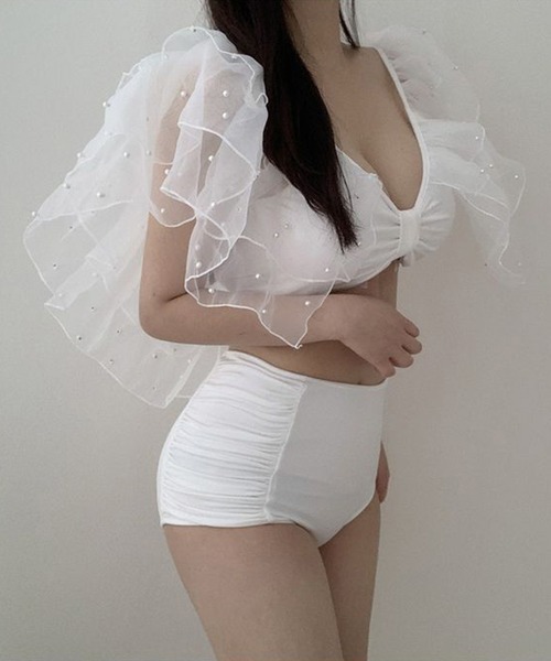 Jasmine Grandiflorum（ジャスミングランディフローラム）の「ビーズフリルスリーブスイムウェア (SS)（水着・レディース・グレー/ホワイト・MEDIUM/LARGE/X-LARGE）」の11枚目の写真