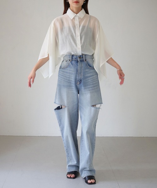 cheriella（シェリエラ）の「【cheriella】WEB限定スクエアスリーブスリットシアーシャツ（シャツ/ブラウス・レディース・オフホワイト/チャコール/ブラック・M）」の8枚目の写真