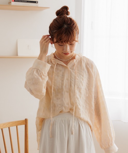flower(フラワー)の「シアーフリルブラウス(シャツ/ブラウス・レディース・ベージュ/ネイビー・FREE)」の1枚目の写真