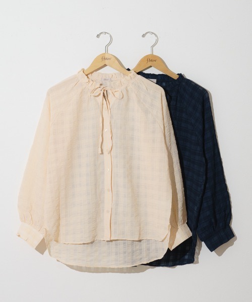 flower(フラワー)の「シアーフリルブラウス(シャツ/ブラウス・レディース・ベージュ/ネイビー・FREE)」の3枚目の写真