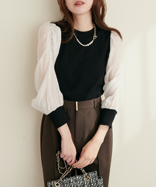 natural couture(ナチュラルクチュール)の「異素材シアー袖コンテレコTOPS(Tシャツ/カットソー・レディース・オフホワイト/ブラウン/ライトベージュ/ブラック・FREE)」の5枚目の写真