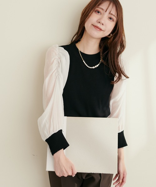 natural couture(ナチュラルクチュール)の「異素材シアー袖コンテレコTOPS(Tシャツ/カットソー・レディース・オフホワイト/ブラウン/ライトベージュ/ブラック・FREE)」の7枚目の写真