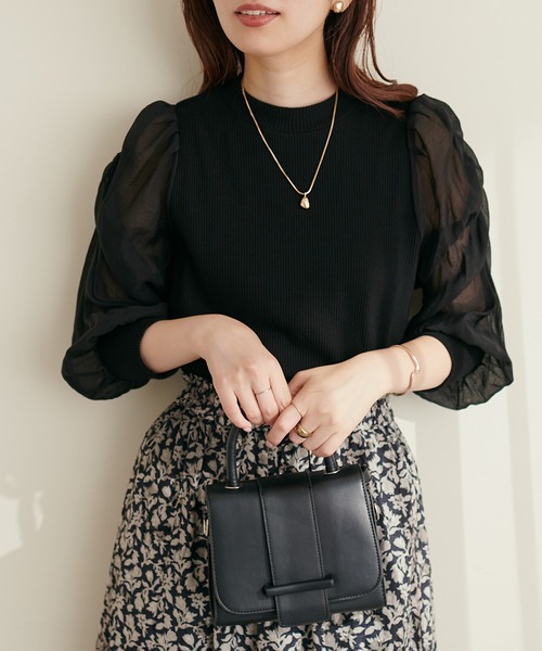natural couture(ナチュラルクチュール)の「異素材シアー袖コンテレコTOPS(Tシャツ/カットソー・レディース・オフホワイト/ブラウン/ライトベージュ/ブラック・FREE)」の10枚目の写真