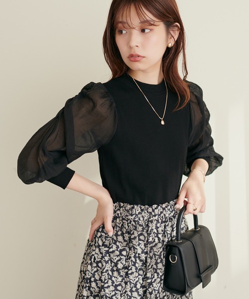 natural couture(ナチュラルクチュール)の「異素材シアー袖コンテレコTOPS(Tシャツ/カットソー・レディース・オフホワイト/ブラウン/ライトベージュ/ブラック・FREE)」の12枚目の写真