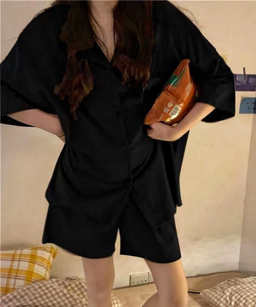 MAISON DE THERESE（メゾン ド テレーズ）の「2点上下セットルームウェア/パジャマ（トップス＆ショートパンツ）（ルームウェア/パジャマ・レディース・ブラック・M）」の3枚目の写真