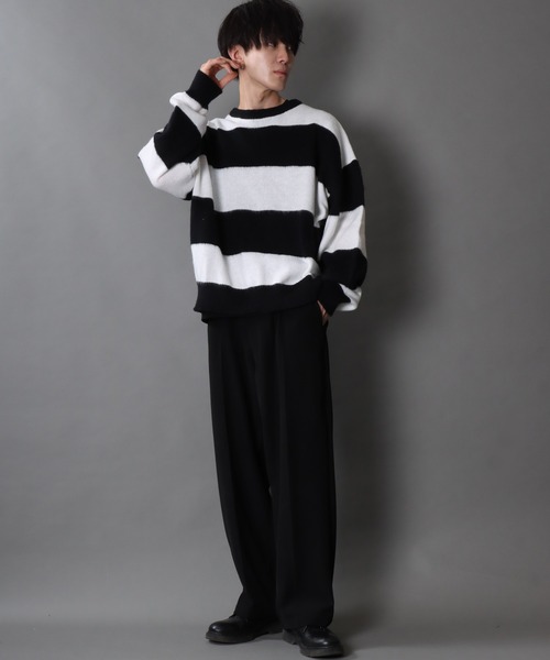 mohair style border crew knit sweater/モヘア ライク ボーダー