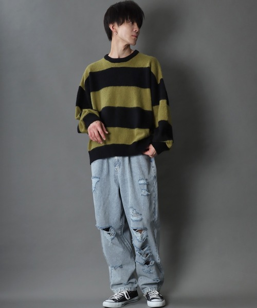mohair style border crew knit sweater/モヘア ライク ボーダー