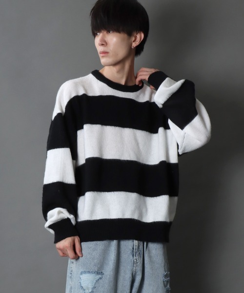 mohair style border crew knit sweater/モヘア ライク ボーダー