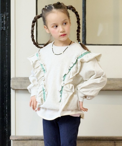BIG FIELD（ビッグフィールド）の「ウラケフリルトレーナー（80～150cm）（スウェット・キッズ・チャコール/ピンク/オフホワイト・80/140/150/100/120/110/90/130/95）」の6枚目の写真