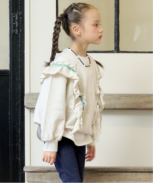 BIG FIELD（ビッグフィールド）の「ウラケフリルトレーナー（80～150cm）（スウェット・キッズ・チャコール/ピンク/オフホワイト・80/140/150/100/120/110/90/130/95）」の7枚目の写真