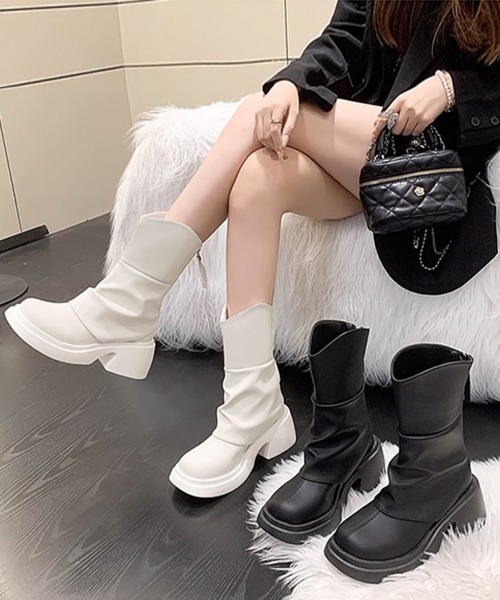 Miniministore（ミニミニストア）の「厚底ショートブーツ 太ヒール 韓国秋冬靴（ブーツ・レディース・ブラック/オフホワイト・24.0cm/23.5cm/23.0cm/22.5cm/24.5cm）」の9枚目の写真