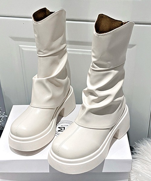 Miniministore（ミニミニストア）の「厚底ショートブーツ 太ヒール 韓国秋冬靴（ブーツ・レディース・ブラック/オフホワイト・24.0cm/23.5cm/23.0cm/22.5cm/24.5cm）」の13枚目の写真