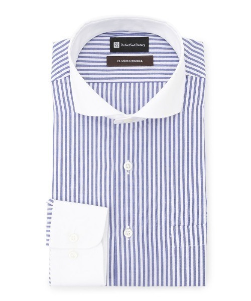 Perfect Suit FActory(パーフェクトスーツファクトリー)の「【形態安定】長袖ワイシャツ【クラシコ】クレリック ストライプ ブルー(ビジネスシャツ・メンズ・ブルー・首回り41cm-裄丈84cm/首回り43cm-裄丈86cm/首回り37cm-裄丈80cm/首回り39cm-裄丈82cm)」の2枚目の写真