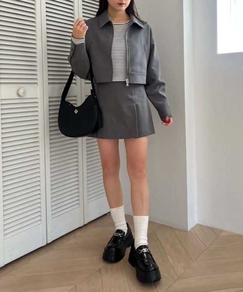 one after another NICE CLAUP(ワンアフターアナザーナイスクラップ)の「ダブルジップジャケット/セットアップのスカートあり(ブルゾン・レディース・ピンク/グレー/ベージュ・FREE)」の5枚目の写真