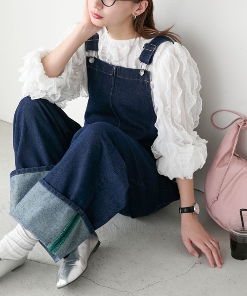 BONLECILL(ボンルシール)の「カラーステッチロールアップハーフジップデニムサロペット(サロペット/オーバーオール・レディース・ネイビー/ブラック/ブルー系1/ネイビー系/ネイビー系1・L/M)」の20枚目の写真