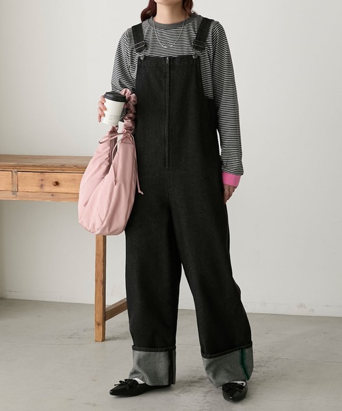 セール】カラーステッチロールアップハーフジップデニムサロペット