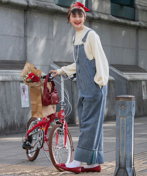 セール】カラーステッチロールアップハーフジップデニムサロペット