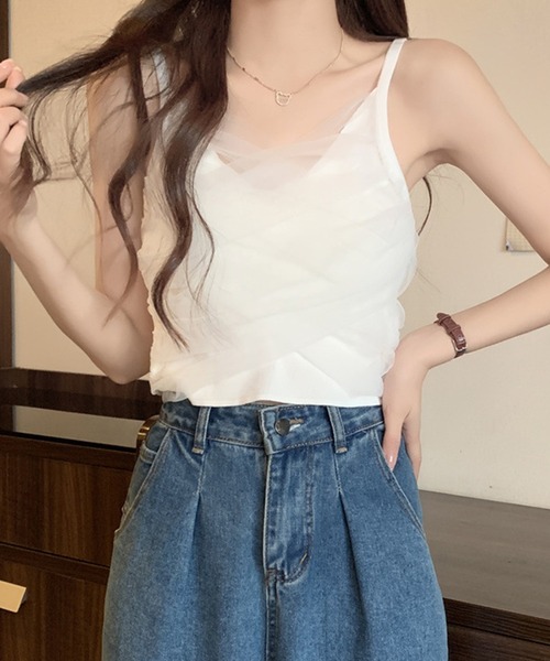 Lace Ladies(レースレディース)の「チュール ドッキング クロップド キャミソール(キャミソール・レディース・アイボリー/ブラック/ブルー/ホワイト・FREE)」の1枚目の写真