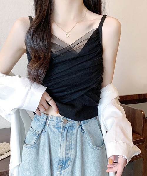 Lace Ladies(レースレディース)の「チュール ドッキング クロップド キャミソール(キャミソール・レディース・アイボリー/ブラック/ブルー/ホワイト・FREE)」の3枚目の写真