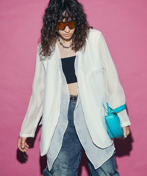 uyu.(ウユ)の「See-through Layered Jacket / シースルーレイヤードジャケット【uyu./ウユ】(ノーカラージャケット・レディース・ホワイト/ブラック・FREE)」の3枚目の写真