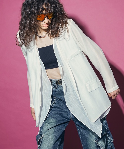 uyu.(ウユ)の「See-through Layered Jacket / シースルーレイヤードジャケット【uyu./ウユ】(ノーカラージャケット・レディース・ホワイト/ブラック・FREE)」の4枚目の写真