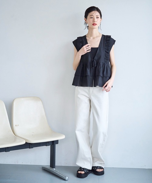 ホワイトコットンフリルベスト 麻混ソフトシアーフリルベスト（ベスト）｜meilmada（メイルマダ）の