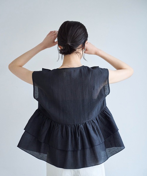 美品 ♡ vaqutaux VOYAGE ブルジョアフリルベスト　ノアール セール】麻混ソフトシアーフリルベスト（ベスト）｜meilmada