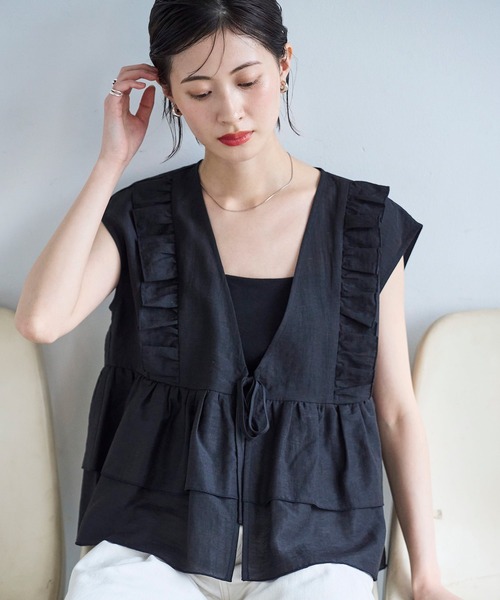 セール】麻混ソフトシアーフリルベスト（ベスト）｜meilmada