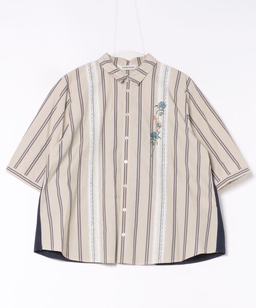 【セール】オーガニックコットンストライプ×30／－天竺スウィングフラワー刺繍シャツブラウス（シャツ/ブラウス）｜SUPER HAKKA（スーパーハッカ）