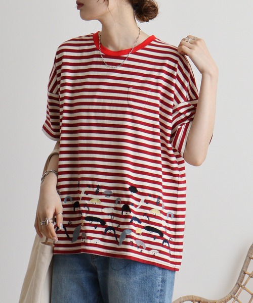 Emago(イマゴ)の「EMAGO スマイル刺繍Tシャツ(Tシャツ/カットソー・レディース・アイボリー/ホワイト×ブラック/ホワイト×レッド・FREE)」の13枚目の写真