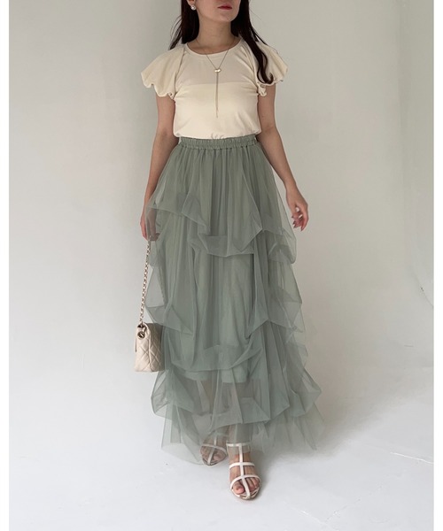 mysty woman（ミスティウーマン）の「タックデザインチュールスカート 140925（スカート・レディース・アイボリー/ブラック/グリーン・FREE）」の7枚目の写真