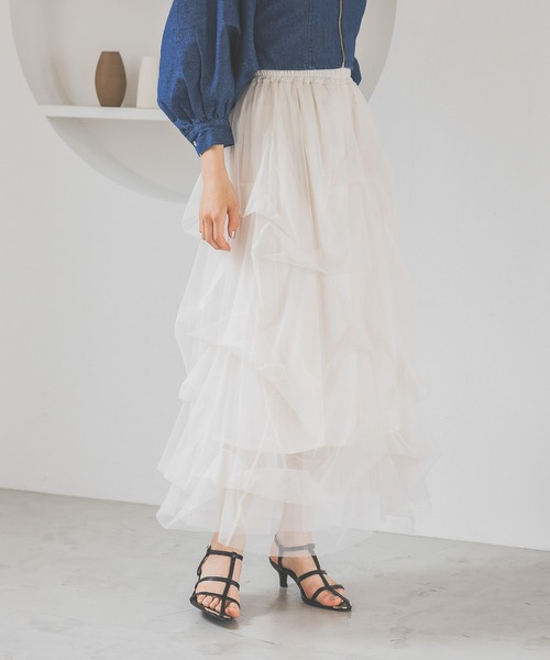 mysty woman（ミスティウーマン）の「タックデザインチュールスカート 140925（スカート・レディース・アイボリー/ブラック/グリーン・FREE）」の20枚目の写真