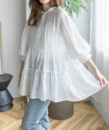 ウエストリボンデザイン五分袖ティアードブラウス［オフィスカジュアル 着回し抜群 大人 ］≪再入荷≫